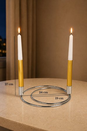 Parlak Silver 2'li Dekoratif Metal Halka Şamdan, 2 Adet Gold-Beyaz Mum İnce Uzun - Dekoratif Mumluk