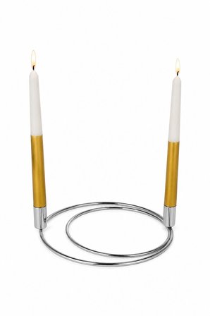 Parlak Silver 2'li Dekoratif Metal Halka Şamdan, 2 Adet Gold-Beyaz Mum İnce Uzun - Dekoratif Mumluk