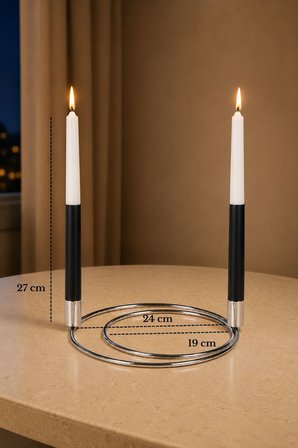 Parlak Silver 2'li Dekoratif Metal Halka Şamdan, 2 Adet Siyah-Beyaz Mum İnce Uzun - Dekoratif Mumluk