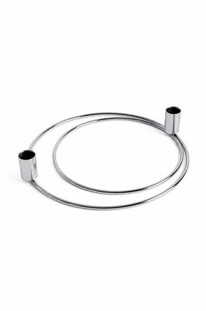 Parlak Silver 2'li Dekoratif Metal Halka Şamdan, 2 Adet Siyah-Beyaz Mum İnce Uzun - Dekoratif Mumluk