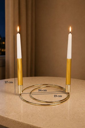 Parlak Altın 2'li Dekoratif Metal Halka Şamdan, 2 Adet Gold-Beyaz Mum İnce Uzun - Dekoratif Mumluk