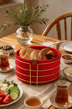 Parlak Altın Yuvarlak Ekmek Sepeti, Ekmeklik Sunum Sepeti, Kırmızı Makrome Çok Amaçlı Paslanmaz Metal