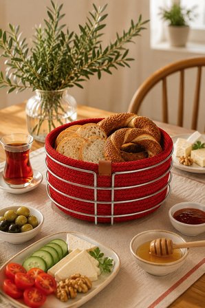 Parlak Silver Yuvarlak Ekmek Sepeti, Ekmeklik Sunum Sepeti, Kırmızı Makrome Çok Amaçlı Paslanmaz Metal