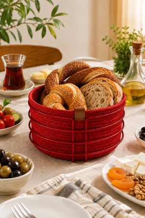 Kırmızı Yuvarlak Ekmek Sepeti, Ekmeklik Sunum Sepeti, Kırmızı Makrome Çok Amaçlı Paslanmaz Metal