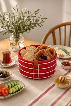 Bej Yuvarlak Ekmek Sepeti, Ekmeklik Sunum Sepeti, Kırmızı Makrome Çok Amaçlı Paslanmaz Metal
