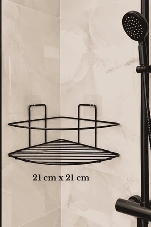 Siyah Metal Banyo Köşe Rafı Duş İçi Şampuanlık Düzenleyici Organizer 21x21 cm, Yapışkan Hediyeli