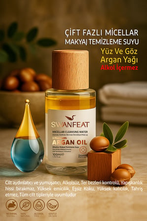 Micellar Makyaj Temizleme Suyu, Yüz ve Göz İçin Çift Fazlı Argan Yağlı Alkolsüz 100ml