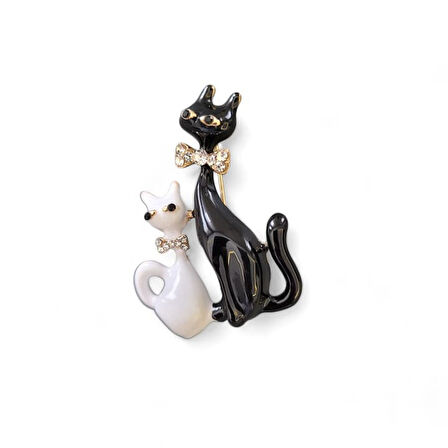Siyah Beyaz Papyonlu Taşlı Kedi Çifti Broş