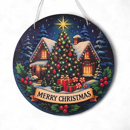 Yılbaşı Ağaçlı Yeni Yıl Evi Kapı ve Duvar Süsü