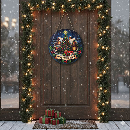 Yılbaşı Ağaçlı Yeni Yıl Evi Kapı ve Duvar Süsü