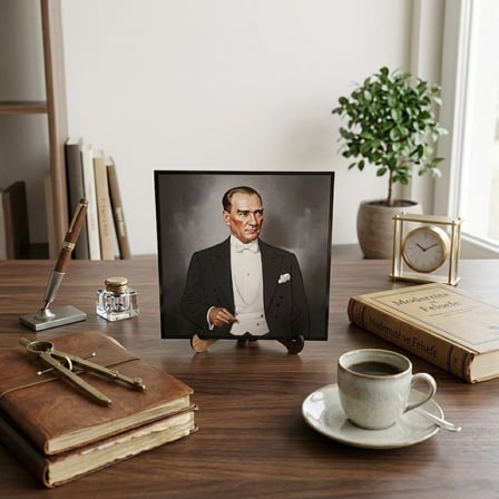 Atatürk Masaüstü Ahşap Tablo - Kabartmalı Baskı Şık Hediyelik 16x16 cm No 1