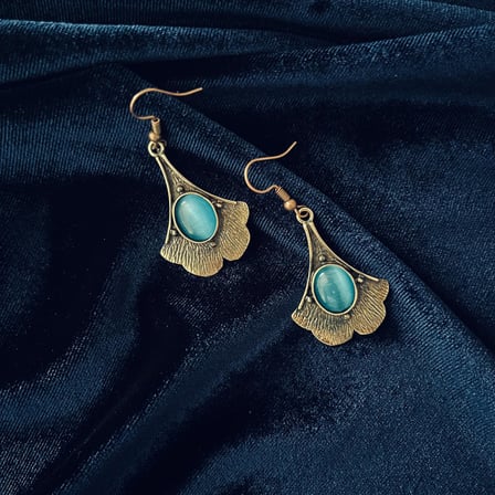 Vintage Tasarım Doğal Taş Turkuaz Pirinç Küpe - Kadınlar İçin Etnik ve Bohem Tasarım Sallantılı Küpe