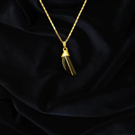 Doğal Oniks Taşlı Diş Formlu Gold Başlıklı Çelik Zincirli Kolye