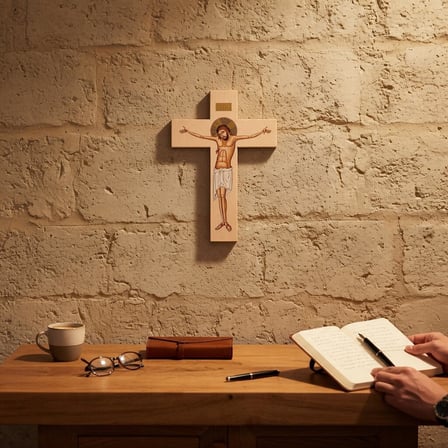 Klasik INRI Ahşap Çarmıha Geriliş Haçı - Doğal Ahşap Dokulu Kabartmalı Hz. İsa Duvar Haçı