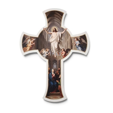 Katedral Mimarili Ahşap Duvar Haçı - Hz. İsa, Meryem Ana ve Melekler Kabartma Dini Dekor
