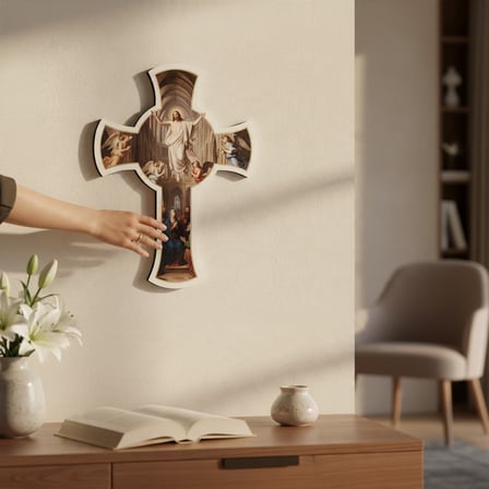 Katedral Mimarili Ahşap Duvar Haçı - Hz. İsa, Meryem Ana ve Melekler Kabartma Dini Dekor