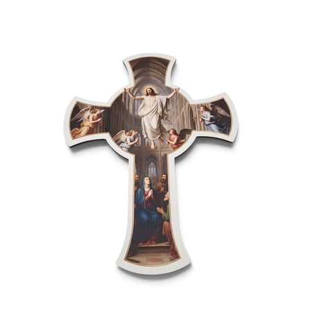 Katedral Mimarili Ahşap Duvar Haçı - Hz. İsa, Meryem Ana ve Melekler Kabartma Dini Dekor