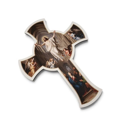 Katedral Mimarili Ahşap Duvar Haçı - Hz. İsa, Meryem Ana ve Melekler Kabartma Dini Dekor