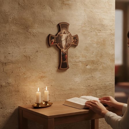 Koyu Ahşap Kelt Formlu Duvar Haçı - Hz. İsa Göğe Yükseliş ve Havariler Tablosu Kabartmalı