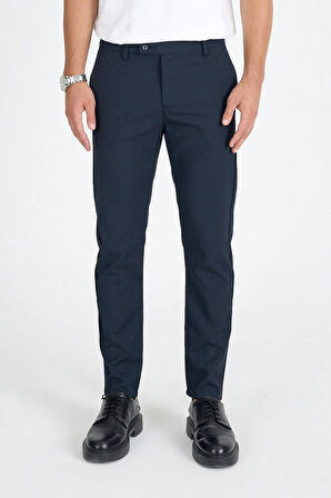 Erkek Koyu Lacivert Kaliteli Esnek Likralı Bilek Boy Rahat Kesim Slim Fit Kumaş Pantolon