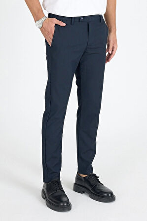 Erkek Koyu Lacivert Kaliteli Esnek Likralı Bilek Boy Rahat Kesim Slim Fit Kumaş Pantolon