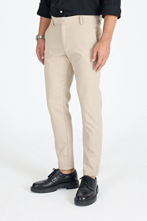 Erkek Krem Kaliteli Esnek Likralı Bilek Boy Rahat Kesim Slim Fit Kumaş Pantolon