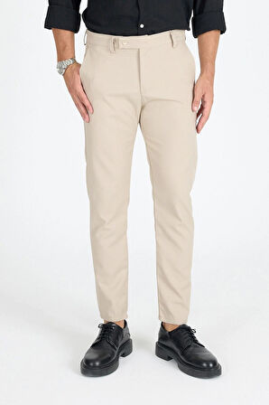 Erkek Krem Kaliteli Esnek Likralı Bilek Boy Rahat Kesim Slim Fit Kumaş Pantolon