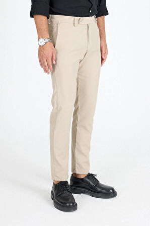 Erkek Krem Kaliteli Esnek Likralı Bilek Boy Rahat Kesim Slim Fit Kumaş Pantolon