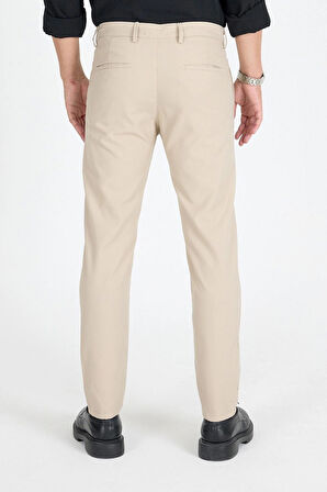 Erkek Krem Kaliteli Esnek Likralı Bilek Boy Rahat Kesim Slim Fit Kumaş Pantolon