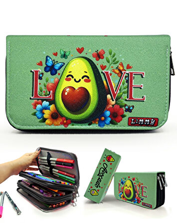 Kalem Kutusu Avakado Love Kawai Organizer Kalemkutu Vegan Deri Üç Bölmeli Kalemlik -Siyah