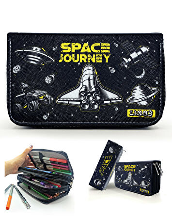 Kalem Kutusu Siyah Mekik Space Kawai Organizer Kalemkutu Vegan Deri Üç Bölmeli Kalemlik Siyah
