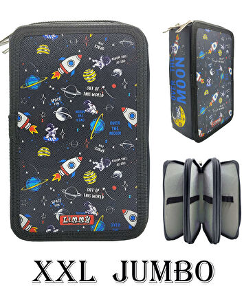XL Jumbo Model Astronot Kalem Kutusu Organizer Kalemkutu 3 Bölmeli Kalemlik Siyah
