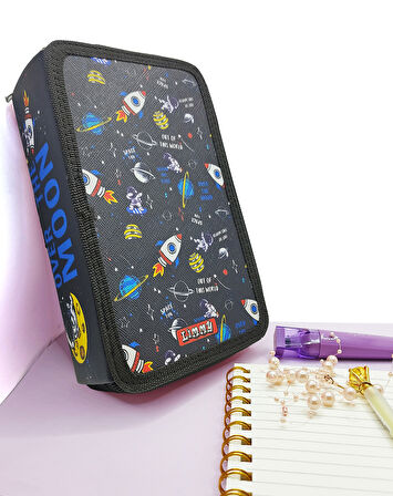 XL Jumbo Model Astronot Kalem Kutusu Organizer Kalemkutu 3 Bölmeli Kalemlik Siyah