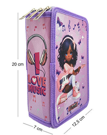 XL Jumbo Model Gitarlı Kız Müzik Kalem Kutusu Organizer Kalemkutu 3 Bölmeli Kalemlik Mor