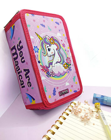 XL Jumbo Model Unicorn Bahar Kalem Kutusu Organizer Kalemkutu 3 Bölmeli Kalemlik Pembe
