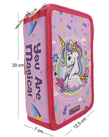 XL Jumbo Model Unicorn Bahar Kalem Kutusu Organizer Kalemkutu 3 Bölmeli Kalemlik Pembe