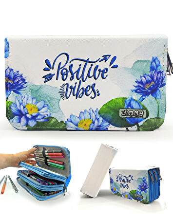 Kalem Kutusu Lotus Positive Vibes Kawai Organizer Kalemkutu Vegan Deri Üç Bölmeli Kalemlik Mavi