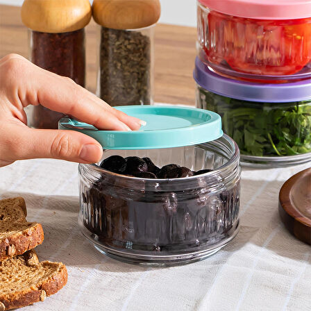 Porsima Lapis 4 lü Hava Geçirmez Cam Kavanoz Kahvaltılık Seti Renkli Kapaklı Saklama Kabı 400ml