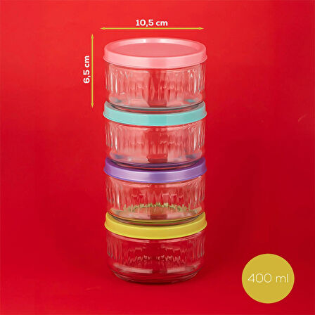 Porsima Lapis 4 lü Hava Geçirmez Cam Kavanoz Kahvaltılık Seti Renkli Kapaklı Saklama Kabı 400ml