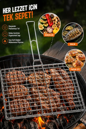 Mangal Izgarası Teli | Balık, Köfte, Tavuk ve Sebze Pişirme Izgarası | Çift Taraflı Kilitli Mangal Teli