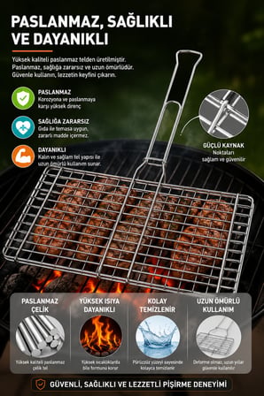 Mangal Izgarası Teli | Balık, Köfte, Tavuk ve Sebze Pişirme Izgarası | Çift Taraflı Kilitli Mangal Teli