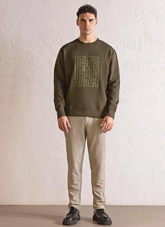 Gmg Fırenze Haki Erkek Slim Fit Yazı Baskılı Sweatshirt GU25MFW08033