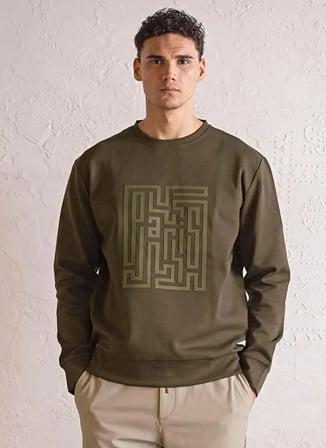 Gmg Fırenze Haki Erkek Slim Fit Yazı Baskılı Bisiklet Yaka Sweatshirt GU25MFW08033