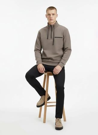 Gmg Fırenze Dik Yaka Koyu Bej Erkek Sweatshırt GU25MFW08020