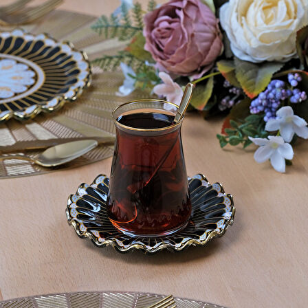 Glore Renoir Altın Yaldızlı 6 Kişilik Cam Çay Tabağı Takımı