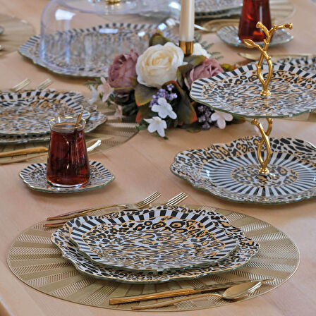 Glore Leopard Altın Yaldızlı 6 Kişilik 33 Parça Pasta Çay Servis İkram Takımı