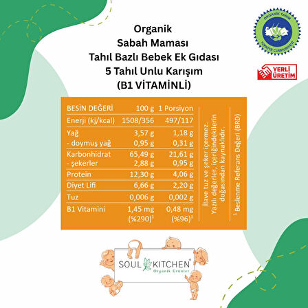 Organik 5 Tahıllı Sabah Maması Tahıl Bazlı Bebek Ek Gıdası B1 VİTAMİNLİ 250 g