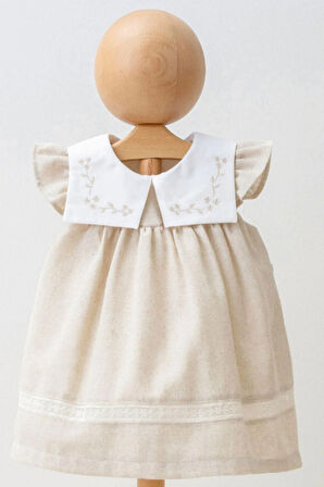 Kız Bebek Kare yaka Keten Elbise