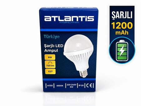 AKSU Atlantis Şarjlı LED Ampul 9W E27 1200mAh – 720 Lümen, 6500K Beyaz Işık, Elektrik Kesintilerine Karşı Acil Aydınlatma