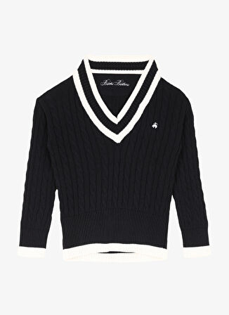 Brooks Brothers V Yaka Normal Bej - Lacivert Kazak Kadın Saç Örgü Logo Nakışlı Kolej Kazak